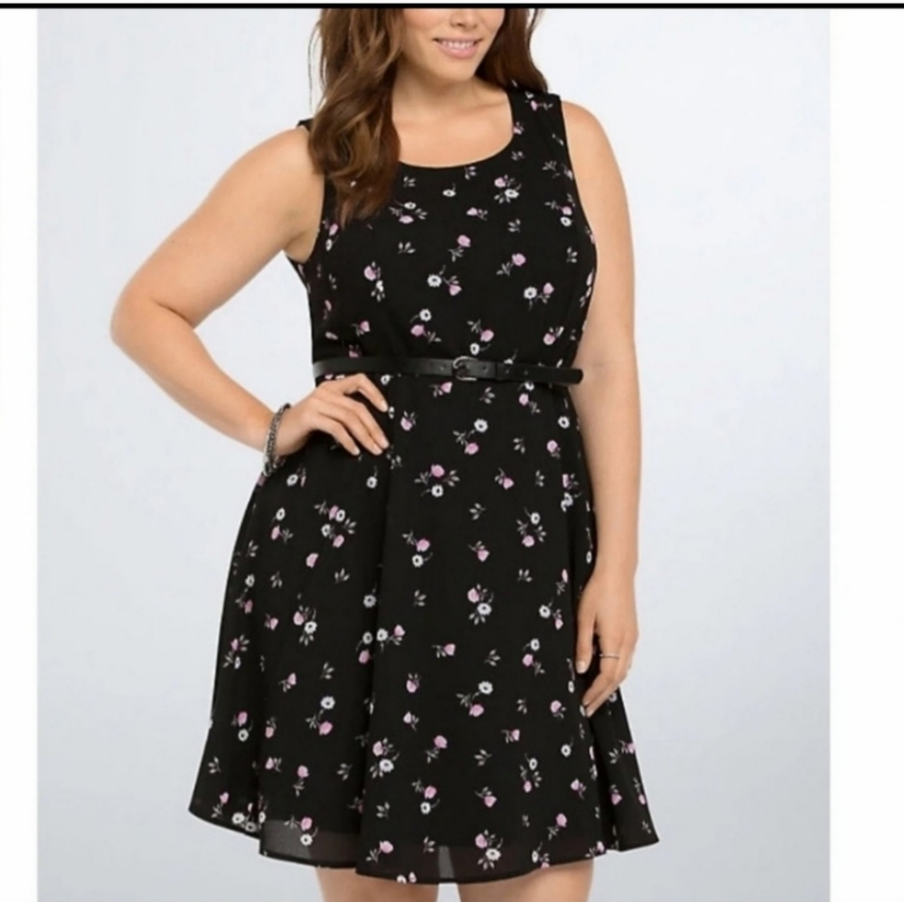 Torrid Black Dress with Small Pink Flowers - size 14 - Fit & Flare